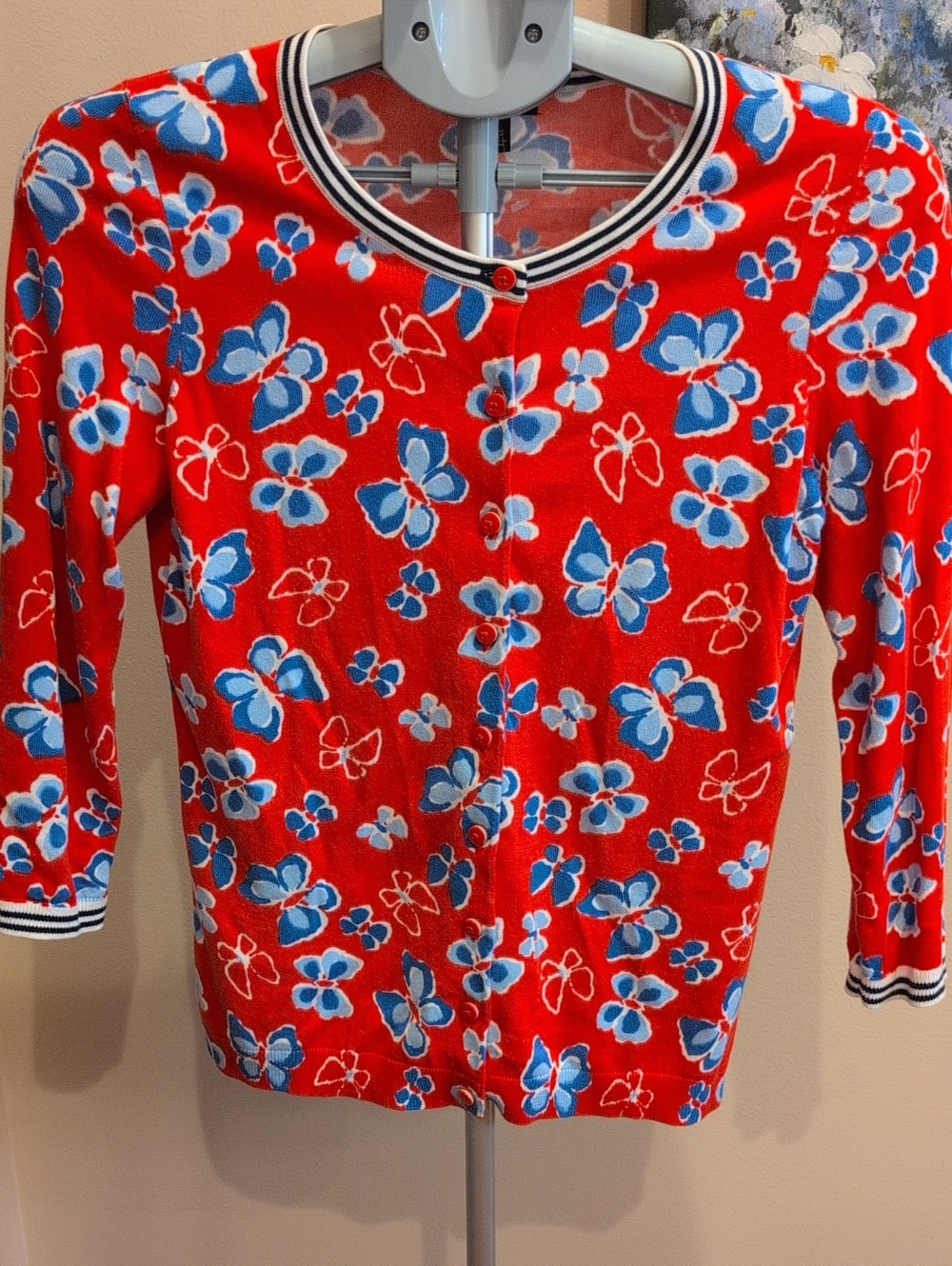 Talbots Coral Cardigan with Blue and White Floral Print